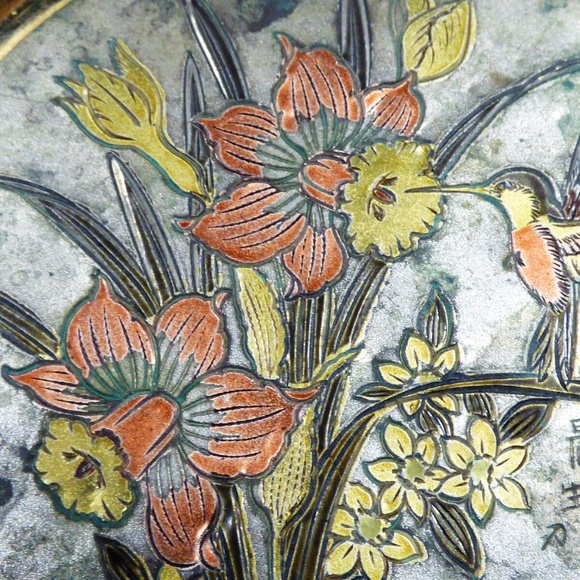 ART OF CHOKIN 24KT GOLD ENGRAVED WHITE TRINKET BOX HUMMINGBIRD DAFFODIL FLOWERS - Picture 6 of 7